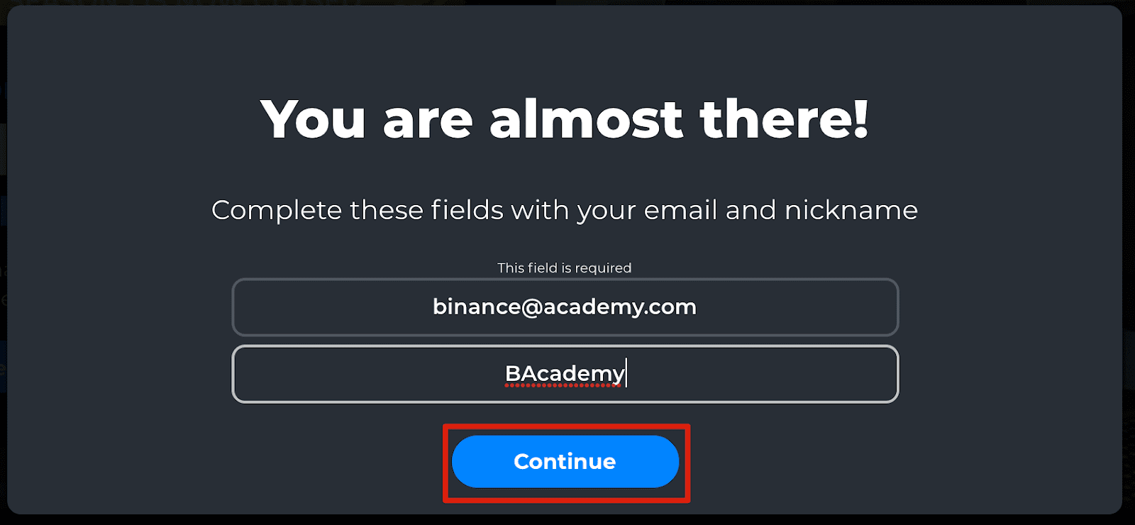اکنون Sandbox از شما می خواهد که یک آدرس ایمیل اضافه کنید و یک نام مستعار ایجاد کنید. برای پایان راه‌اندازی حساب خود، روی [Continue] کلیک کنید